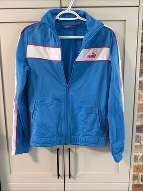 Puma Blue Track Jacket with White Panels and Pink Piping